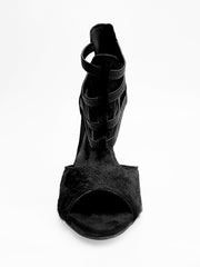 Load image into Gallery viewer, Lilith (460) - Sandalo da Donna in Cavallino Nero pelo corto con Tallone e Tacco in Pelle Nera elastici neri Tacco a Rocchettino sottile