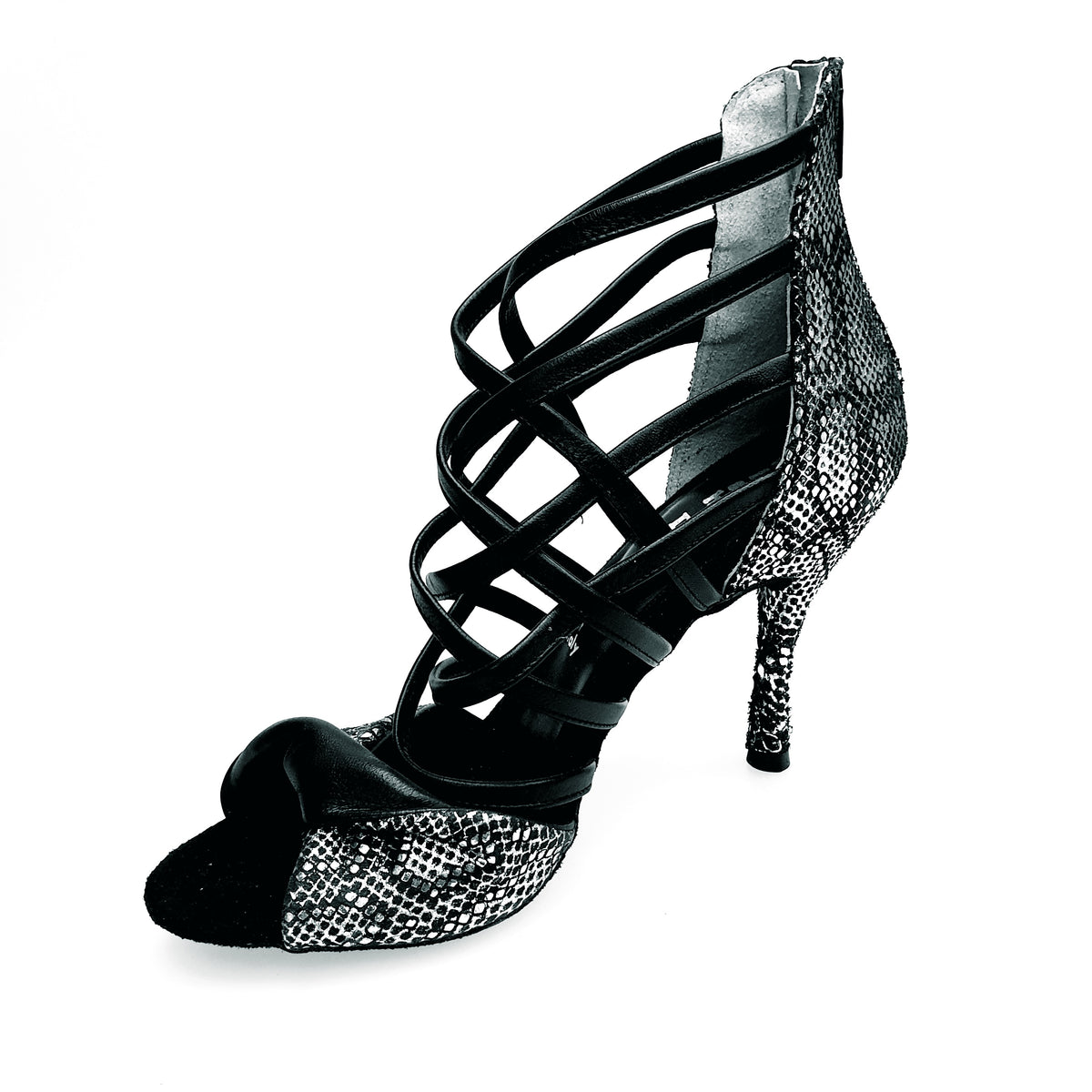 Sandalo donna Natalia (360) Wish Dance Shop in pitone argento con fasce in pelle nera, dettagli eleganti e moderni.