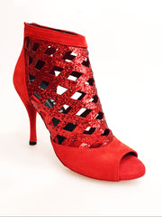 Load image into Gallery viewer, Sandalo da donna Letizia in camoscio rosso e cristalli rossi, elegante sandalo tronchetto Wish Dance Shop, visibile con dettagli lucidi.