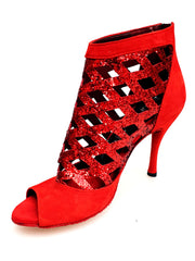 Load image into Gallery viewer, Sandalo da donna Letizia in camoscio rosso con dettaglio di cristalli rossi, stile tronchetto, brand Wish Dance Shop.