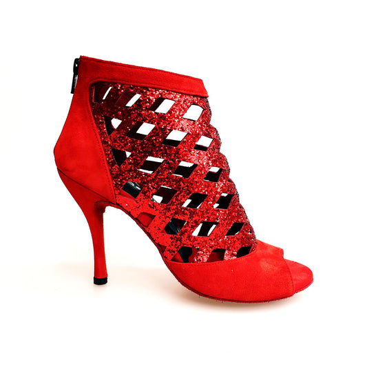 Sandalo da donna Letizia in camoscio rosso con dettagli in cristallo rosso, tacco tronchetto, Wish Dance Shop