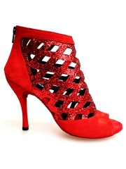 Load image into Gallery viewer, Sandalo da donna Letizia in camoscio rosso con dettagli in cristallo rosso, tacco tronchetto, Wish Dance Shop