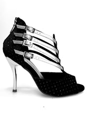 Carica immagine nella Galleria, Lussuria (779) - Scarpa da Donna in Velluto Nero e Punti Luce Boreali e Cinturini in Lurex Argento con Tacco a Spillo Laminato Argento