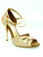 Load image into Gallery viewer, Deluxe Butterfly (L2) - Scarpa da Ballo in Raso Seta Carne Flash con Swarovski Boreali Tacco a Spillo Laminato Oro