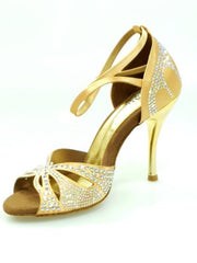 Load image into Gallery viewer, Deluxe Butterfly (L2) - Scarpa da Ballo in Raso Seta Carne Flash con Swarovski Boreali Tacco a Spillo Laminato Oro