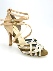 Carica immagine nella Galleria, Onda QD (BI-Flex) - Scarpa da Donna in Raso Seta Oro Flash chiaro Doppio Cinturino incrociato sulla Caviglia e sul Collopiede con Swarovski Boreali Parziale solo avanti e Fondo Extraflex Competition