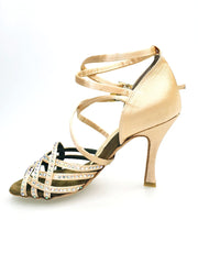 Carica immagine nella Galleria, Onda QD (BI-Flex) - Scarpa da Donna in Raso Seta Oro Flash chiaro Doppio Cinturino incrociato sulla Caviglia e sul Collopiede con Swarovski Boreali Parziale solo avanti e Fondo Extraflex Competition