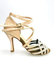 Carica immagine nella Galleria, Onda QD (BI-Flex) - Scarpa da Donna in Raso Seta Oro Flash chiaro Doppio Cinturino incrociato sulla Caviglia e sul Collopiede con Swarovski Boreali Parziale solo avanti e Fondo Extraflex Competition