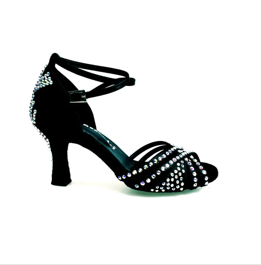 Scarpa da donna Wish Dance Shop Soledàd QB Plus in raso di seta nera con cinturino incrociato e dettagli Swarovski Boreali.