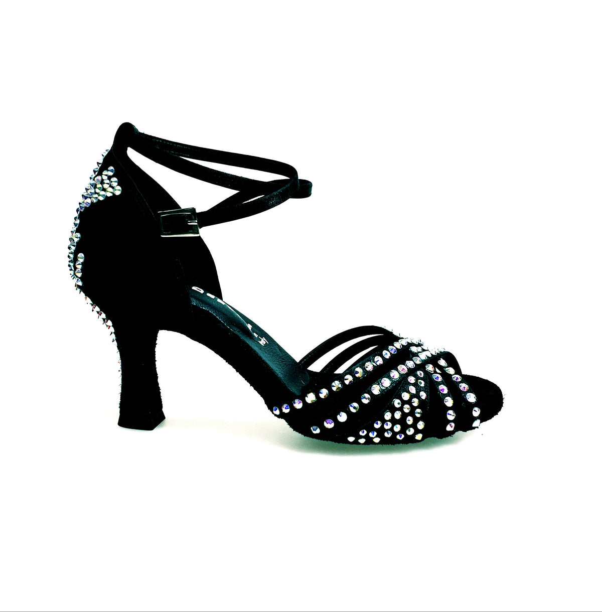 Scarpa da donna Wish Dance Shop Soledàd QB Plus in raso di seta nera con cinturino incrociato e dettagli Swarovski Boreali.