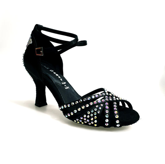 Scarpa da donna Soledàd QB Plus Wish Dance Shop in raso di seta nero con cinturino incrociato alla caviglia e dettagli Swarovski.