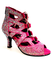 Load image into Gallery viewer, Olimpya Extra Plus - Sandalo a Tronchetto in Camoscio Fuxia con Swarovski Boreali e Tacco a Rocchetto