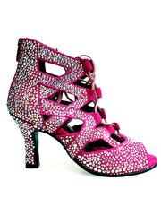 Load image into Gallery viewer, Olimpya Extra Plus - Sandalo a Tronchetto in Camoscio Fuxia con Swarovski Boreali e Tacco a Rocchetto