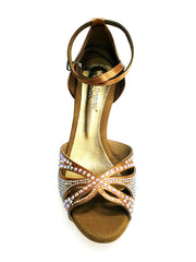 Carica immagine nella Galleria, Deluxe Butterfly (L2) - Scarpa da Ballo in Raso Seta Bronzo Tan con Swarovski e Tacco basso a Rocchetto