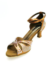 Carica immagine nella Galleria, Deluxe Butterfly (L2) - Scarpa da Ballo in Raso Seta Bronzo Tan con Swarovski e Tacco basso a Rocchetto