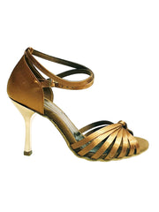 Carica immagine nella Galleria, Pepa (210/7L) - Scarpa da Ballo Basica da Donna con Nodino in Raso Seta Bronzo Tacco a Stiletto Laminato Oro Ramato con 7 Fascette Rivestite in Camoscio