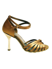 Carica immagine nella Galleria, Pepa (210/7L) - Scarpa da Ballo Basica da Donna con Nodino in Raso Seta Bronzo Tacco a Stiletto Laminato Oro Ramato con 7 Fascette Rivestite in Camoscio Wish Dance Shop