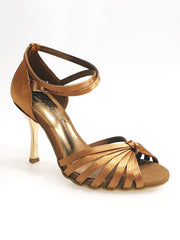 Carica immagine nella Galleria, Pepa (210/7L) - Scarpa da Ballo Basica da Donna con Nodino in Raso Seta Bronzo Tacco a Stiletto Laminato Oro Ramato con 7 Fascette Rivestite in Camoscio