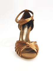 Carica immagine nella Galleria, Pepa (210/7L) - Scarpa da Ballo Basica da Donna con Nodino in Raso Seta Bronzo Tacco a Stiletto Laminato Oro Ramato con 7 Fascette Rivestite in Camoscio