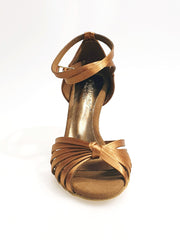 Carica immagine nella Galleria, Pepa (210/7L) - Scarpa da Ballo Basica da Donna con Nodino in Raso Seta Bronzo Tacco a Stiletto Laminato Oro Ramato con 7 Fascette Rivestite in Camoscio Wish Dance Shop