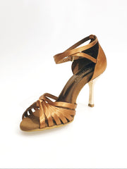 Carica immagine nella Galleria, Pepa (210/7L) - Scarpa da Ballo Basica da Donna con Nodino in Raso Seta Bronzo Tacco a Stiletto Laminato Oro Ramato con 7 Fascette Rivestite in Camoscio Wish Dance Shop