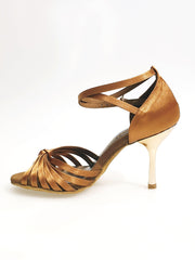 Carica immagine nella Galleria, Pepa (210/7L) - Scarpa da Ballo Basica da Donna con Nodino in Raso Seta Bronzo Tacco a Stiletto Laminato Oro Ramato con 7 Fascette Rivestite in Camoscio Wish Dance Shop