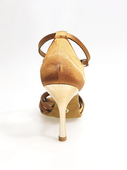 Carica immagine nella Galleria, Pepa (210/7L) - Scarpa da Ballo Basica da Donna con Nodino in Raso Seta Bronzo Tacco a Stiletto Laminato Oro Ramato con 7 Fascette Rivestite in Camoscio