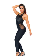 Carica immagine nella Galleria, TERESA Florence (Silver) - Jumpsuit Ciniglia Bielastica Nera Puntinato Glitter Argento Sopra Microfibra Traspirante Bielastica Modellante Contenitiva Containment sotto