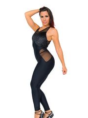 Carica immagine nella Galleria, TERESA Florence (Silver) - Jumpsuit Ciniglia Bielastica Nera Puntinato Glitter Argento Sopra Microfibra Traspirante Bielastica Modellante Contenitiva Containment sotto