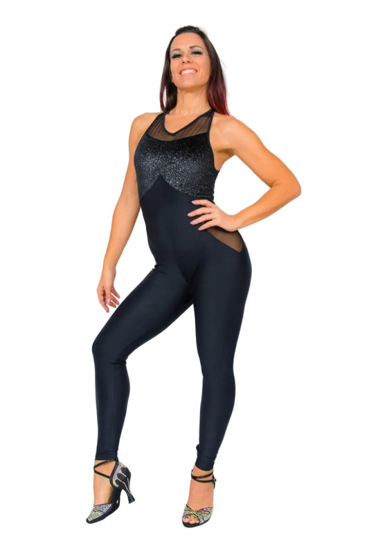 Completo jumpsuit nero in ciniglia con dettagli glitter argento, modello contenitivo e traspirante, con finiture microfibra.