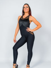 Carica immagine nella Galleria, TERESA Florence (Silver) - Jumpsuit Ciniglia Bielastica Nera Puntinato Glitter Argento Sopra Microfibra Traspirante Bielastica Modellante Contenitiva Containment sotto