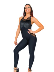 Carica immagine nella Galleria, TERESA Florence (Silver) - Jumpsuit Ciniglia Bielastica Nera Puntinato Glitter Argento Sopra Microfibra Traspirante Bielastica Modellante Contenitiva Containment sotto