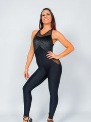 Carica immagine nella Galleria, TERESA Florence (Silver) - Jumpsuit Ciniglia Bielastica Nera Puntinato Glitter Argento Sopra Microfibra Traspirante Bielastica Modellante Contenitiva Containment sotto