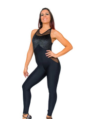 Carica immagine nella Galleria, TERESA Florence (Silver) - Jumpsuit Ciniglia Bielastica Nera Puntinato Glitter Argento Sopra Microfibra Traspirante Bielastica Modellante Contenitiva Containment sotto