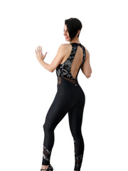 Load image into Gallery viewer, VEGA Venice (Silver) - Jumpsuit Ciniglia Bielastica Nera Disegno Glitterato Argento Sopra e Microfibra Traspirante Nera Bielastica Modellante Contenitiva Containment sotto