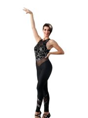 Load image into Gallery viewer, VEGA Venice (Silver) - Jumpsuit Ciniglia Bielastica Nera Disegno Glitterato Argento Sopra e Microfibra Traspirante Nera Bielastica Modellante Contenitiva Containment sotto