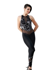 Load image into Gallery viewer, VEGA Venice (Silver) - Jumpsuit Ciniglia Bielastica Nera Disegno Glitterato Argento Sopra e Microfibra Traspirante Nera Bielastica Modellante Contenitiva Containment sotto