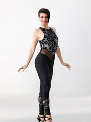 Load image into Gallery viewer, VEGA Venice (Silver) - Jumpsuit Ciniglia Bielastica Nera Disegno Glitterato Argento Sopra e Microfibra Traspirante Nera Bielastica Modellante Contenitiva Containment sotto