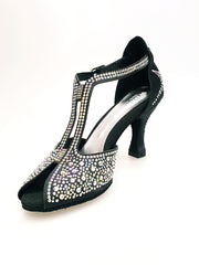 Carica immagine nella Galleria, MIRIAM Temptation Plus (L6) - Scarpa Da Donna in Raso Nero Con Swarovski Boreali e Tacco a Rocchetto