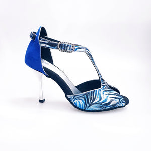 Fascino (401) - Scarpa da Donna in Jungla Blu e tallone in Camoscio Blu Tacco a Stiletto Laminato Argento