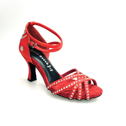 Scarpa da donna LUENIA QB Plus Wish Dance Shop in raso di seta rossa con cinturino incrociato, Swarovski e tacco a rocchetto.