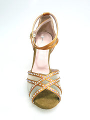 Carica immagine nella Galleria, SONIA QB SW PLUS (45R5 QB) - Scarpa Ballo Da Donna Con Retina in Raso Seta color Bronzo con cinturini incrociati sul collopiede e Swarovski Boreali avanti e tallone