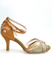 Carica immagine nella Galleria, SONIA QB SW PLUS (45R5 QB) - Scarpa Ballo Da Donna Con Retina in Raso Seta color Bronzo con cinturini incrociati sul collopiede e Swarovski Boreali avanti e tallone