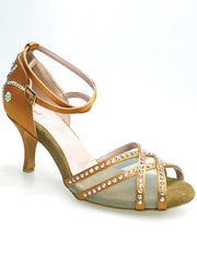 Carica immagine nella Galleria, SONIA QB SW PLUS (45R5 QB) - Scarpa Ballo Da Donna Con Retina in Raso Seta color Bronzo con cinturini incrociati sul collopiede e Swarovski Boreali avanti e tallone