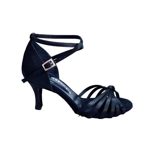 Scarpa da donna Patty QB in raso nero, con cinturino doppio, fascette e tacco basso a spillo, ideale per ballo.