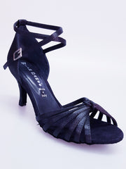 Load image into Gallery viewer, Patty QB (28QB) - Scarpa da Ballo Basica da Donna in Raso Nero Nodino con 6 Fascette e Cinturino Doppio sulla Caviglia Tacco Basso a Spillo Largo