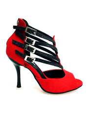 Carica immagine nella Galleria, Lussuria (779) - Scarpa da Donna in Camoscio Rosso Cinturini in Glitter Nero sottopiede Camoscio Rosso con Tacco Spillo Smaltato Nero