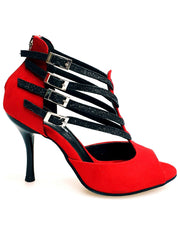 Carica immagine nella Galleria, Lussuria (779) - Scarpa da Donna in Camoscio Rosso Cinturini in Glitter Nero sottopiede Camoscio Rosso con Tacco Spillo Smaltato Nero