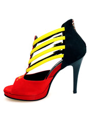 Load image into Gallery viewer, Lussuria (779PLT) - Scarpa da Donna in Camoscio Rosso/Giallo/Nero con Stemma Angolano Ricamato in Giallo con Tacco a Spillo Largo Smaltato Nero e Plateau