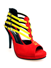Load image into Gallery viewer, Lussuria (779PLT) - Scarpa da Donna in Camoscio Rosso/Giallo/Nero con Stemma Angolano Ricamato in Giallo con Tacco a Spillo Largo Smaltato Nero e Plateau